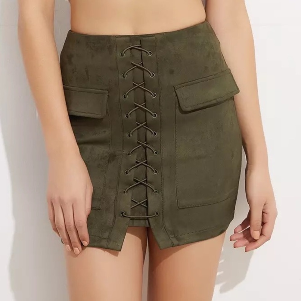Suede Lace Up Mini Skirt - Forest Green